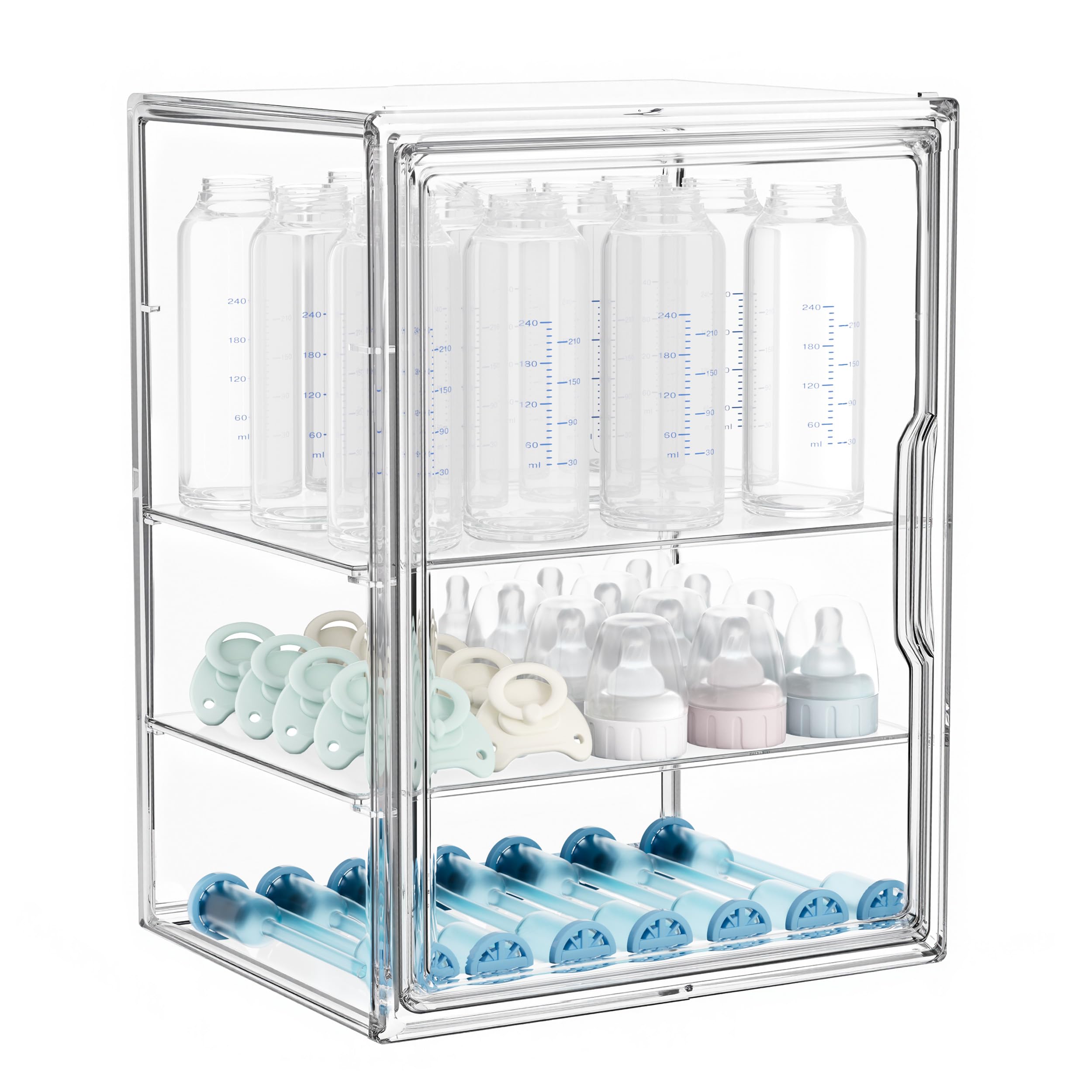 Photo 1 of HBlife Baby Bottle Storage Organizer for Countertop Cabinet, 3 Tiers Adjustable Clear Acrylic Bottles Storage Station Case Box Container with 2 Removable Dividers and Magnetic Door, Large