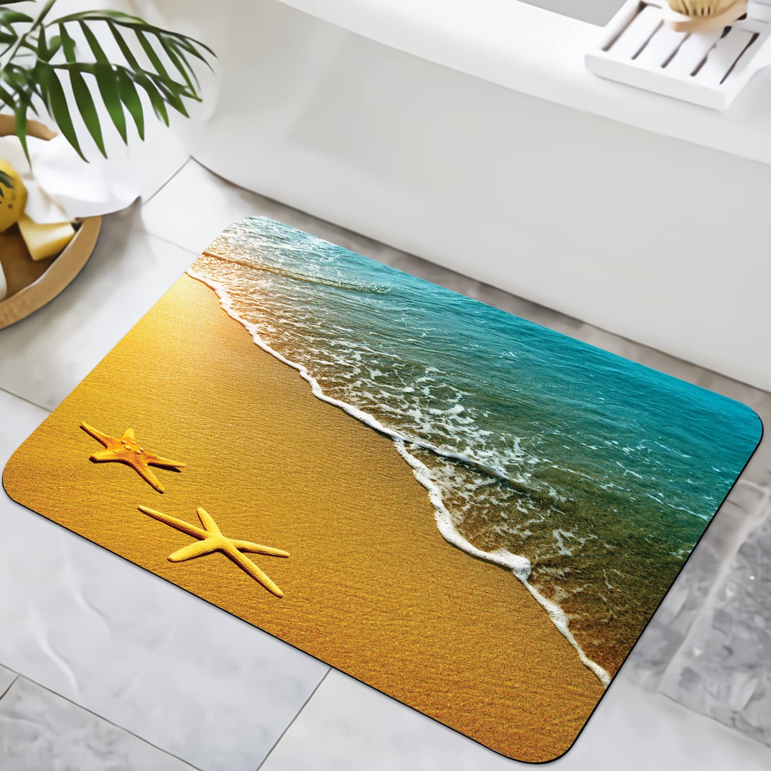 YISUMEI Starfish Bathroom Rugs Non Slip Washable Beach Waves Bath Mat Small Rubber Backed Floor Mat 17"x24"