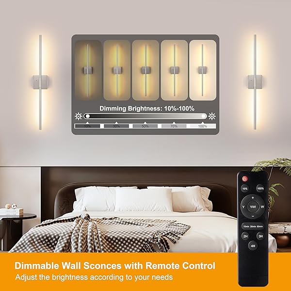 MORAURORAL 40 INCH SAND-NICKEL BATTERY OPERATED WALL SCONCES SET OF TWO, DIMMABLE WALL SCONCES WITH REMOTE CONTROL, RECHARGEABLE SCONCES, LED WIRELESS WALL LIGHTS FOR BEDROOM, LIVING ROOM, BATHROOM