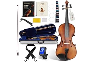 AKLOT Handcrafted Full Size Violin: Solid Wood Matte Fiddle, Acoustic Beginner 4/4 Violin Kit with Hard Case, Lesson Book, Bow, Shoulder Rest, Extra Strings, Tuner, Fretboard Stickers (VRT-AmiMS)