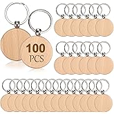 JUXYES 100 PCS Unfinished Wooden Keychain Blanks for Engraving, Wood Engraving Blanks Key Chain, DIY Wooden Key Ring Key Tag