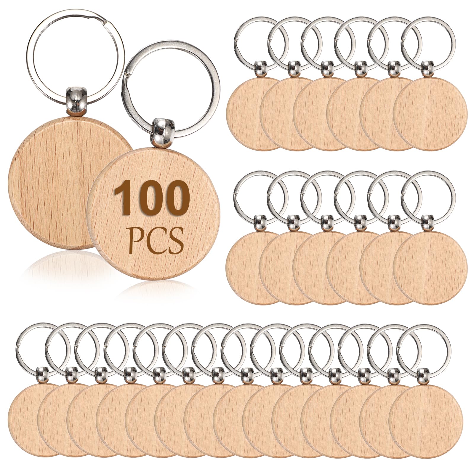 TOLIDA 100pcs Round Wood Keychains - 4cm Blank Wooden Key Fobs Key Rings for DIY Personalized Craft, Wooden Key Tags