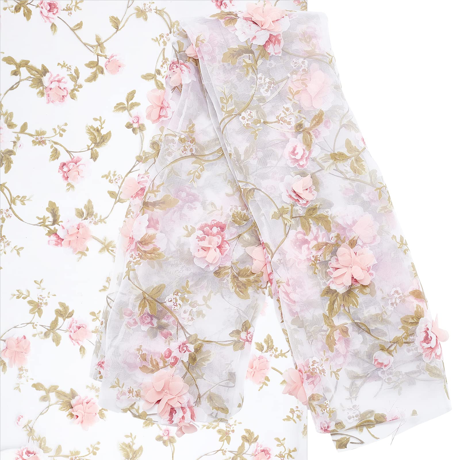 Photo 1 of GORGECRAFT 55Inch Embroidered Flower Fabric 3D Organza Pink Floral Chiffon Rose Leaves Vintage Lace Fabric 