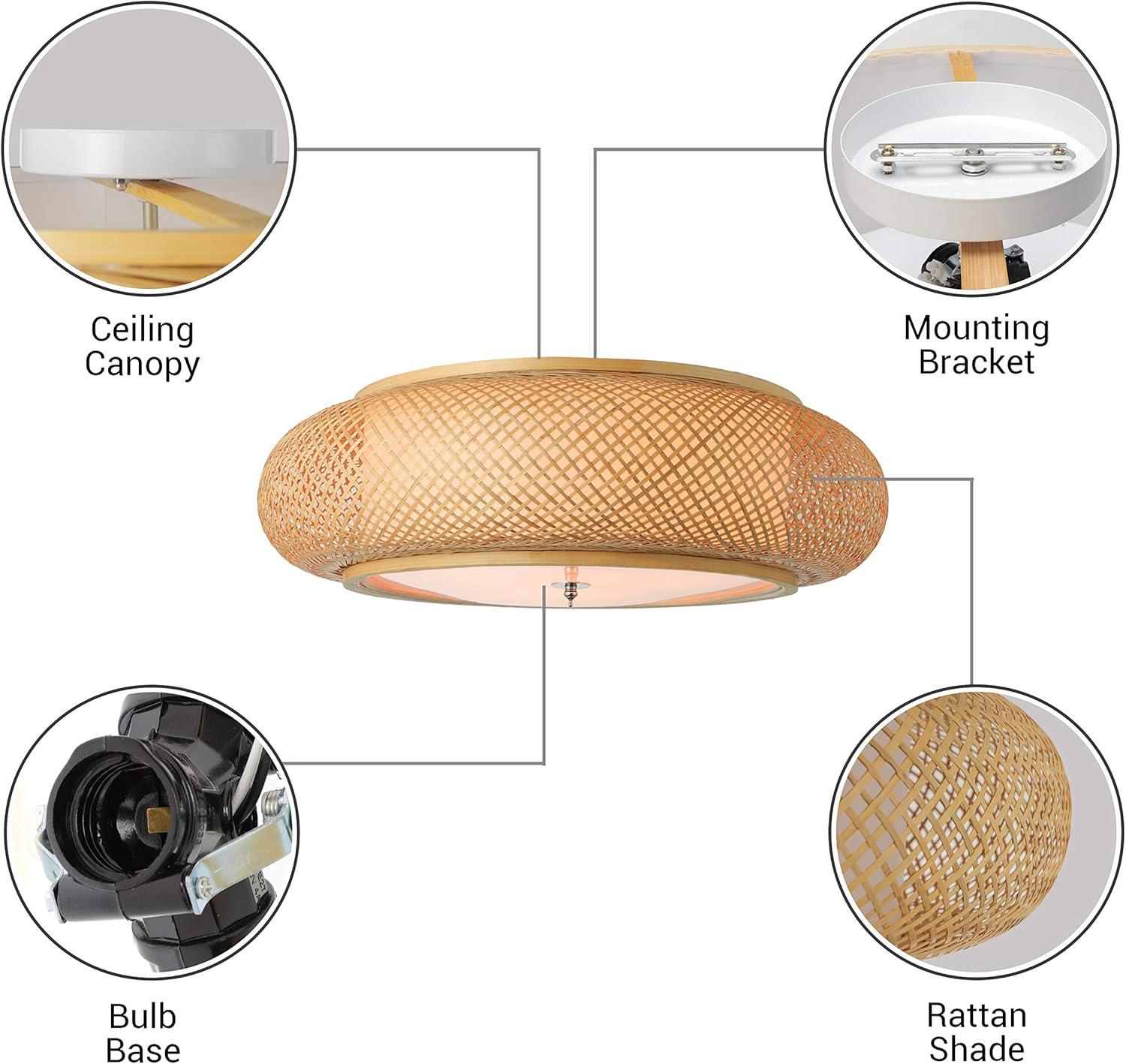 KWOKING Lighting Handmade Flush Mount Ceiling Light Creative Bamboo Ceiling Lighting fixtures Rattan Lantern Light 3 Lights Vintage Hanging Light for Living Room, Restaurant, Bedroom 19.69 inch - - 