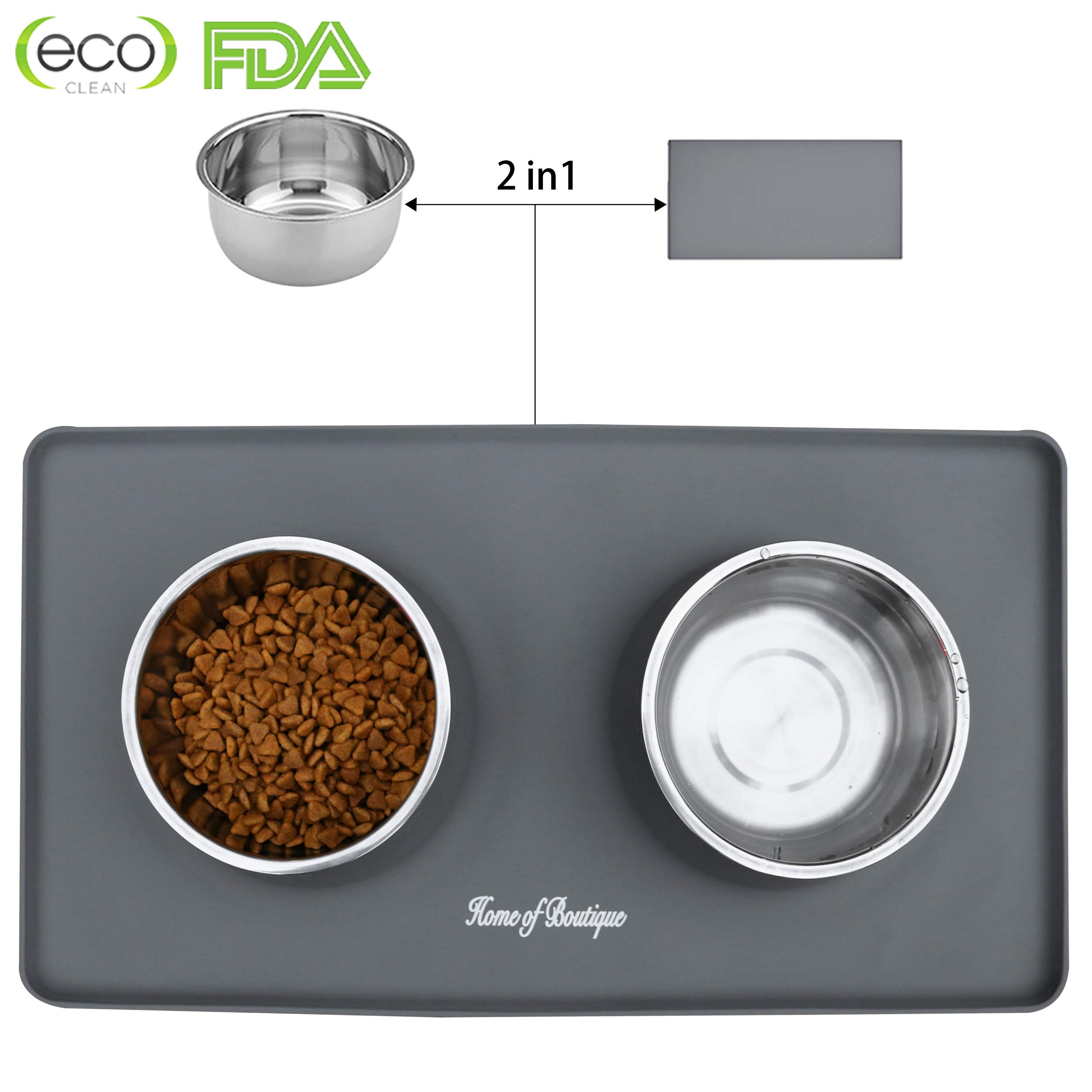 Home of Boutique Dog Bowls, Stainless Steel Pet Food Bowl, Cat Water Bowls with No-Spill Anti-Slip Silicone Mat for Large or Medium Dogs or Cats, Set of 2 Bowls (L, Gray)