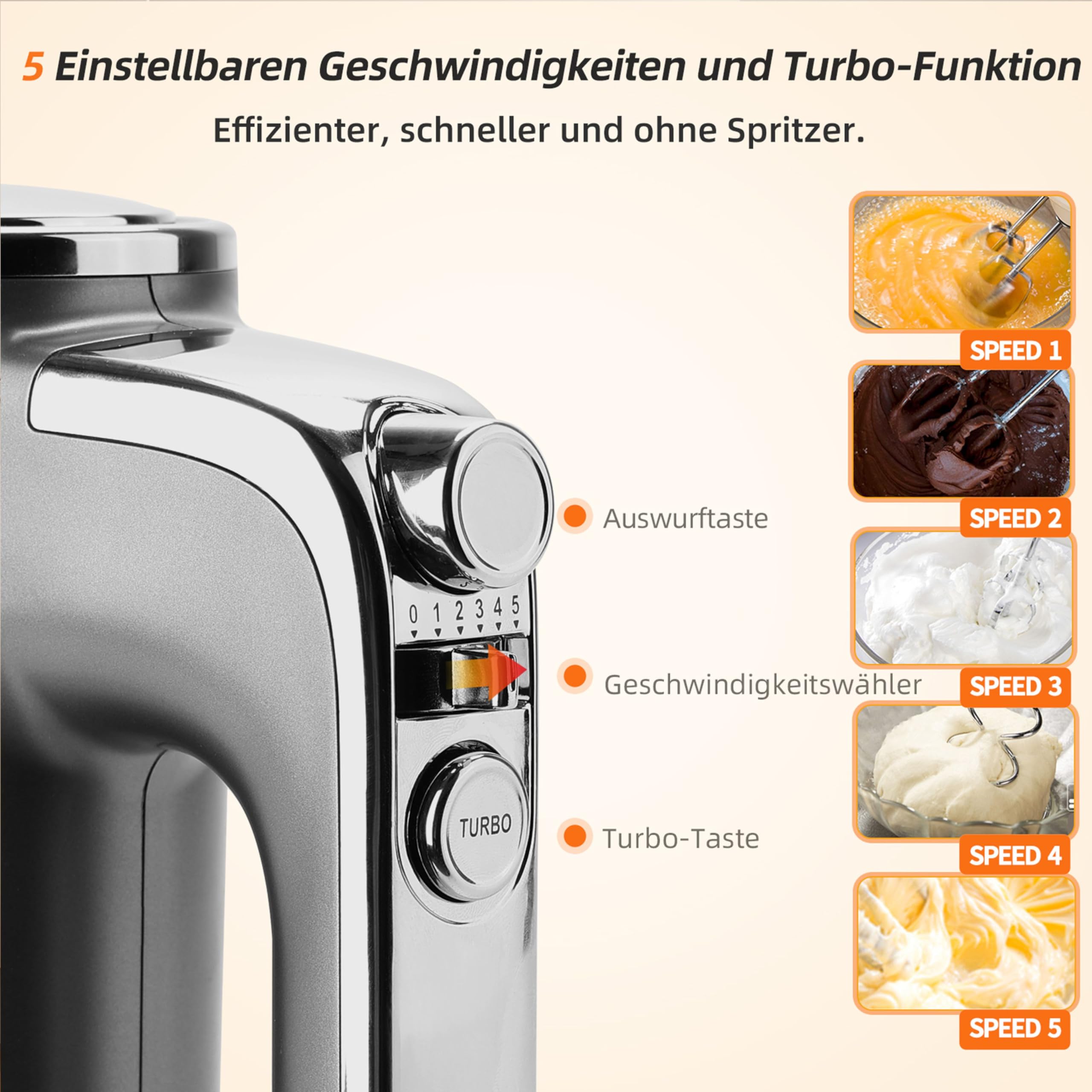 Aigostar Handmixer Elektrischer, 400 W Ultra Power Mixer Handrührer mit 1 Aufbewahrungshalterung, 5 Geschwindigkeiten, Turbo Boost, 2 Schneebesen und 2 Knethaken, für Eier, Teig, Kuchen.Adela 2