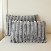 MEGO Set of 2 Fluffy Faux Rabbit Fur Pillowcases, Cozy Luxury Striped Plush Fuzzy Zippered Pillow Cases, Decorative Shaggy Furry Ribbed Long Pillow Shams Bedroom Living Room 20x36, King, Light Grey