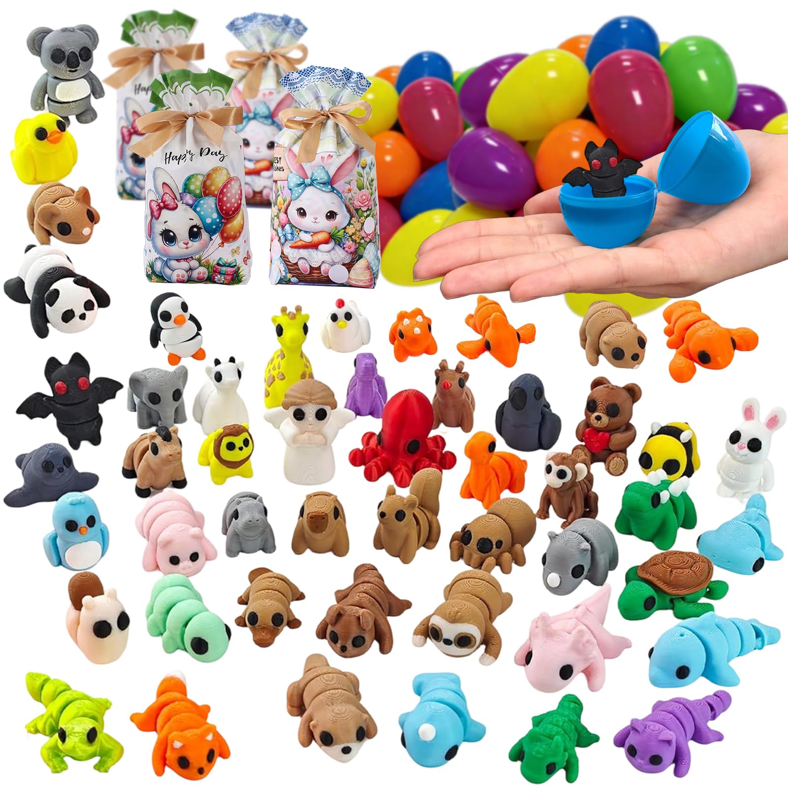 HushHaven 48 Pack Bulk Prefilled Easter Eggs with Mini 3D Printed Animals - Articulated Fidget Toys for Classroom Rewards Kids Party Favors, Easter Basket Stuffers,Flexible Dragon Frog Lizard Prizes
