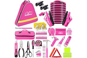 HLWDFLZ Car Roadside Emergency Kit - Pink Roadside Assistance Emergency Kit with Jumper Cables, Auto Tool Set, Deer Whistles, Winter Car Safety Roadside Assist Kit for Teen Girl and Ladies