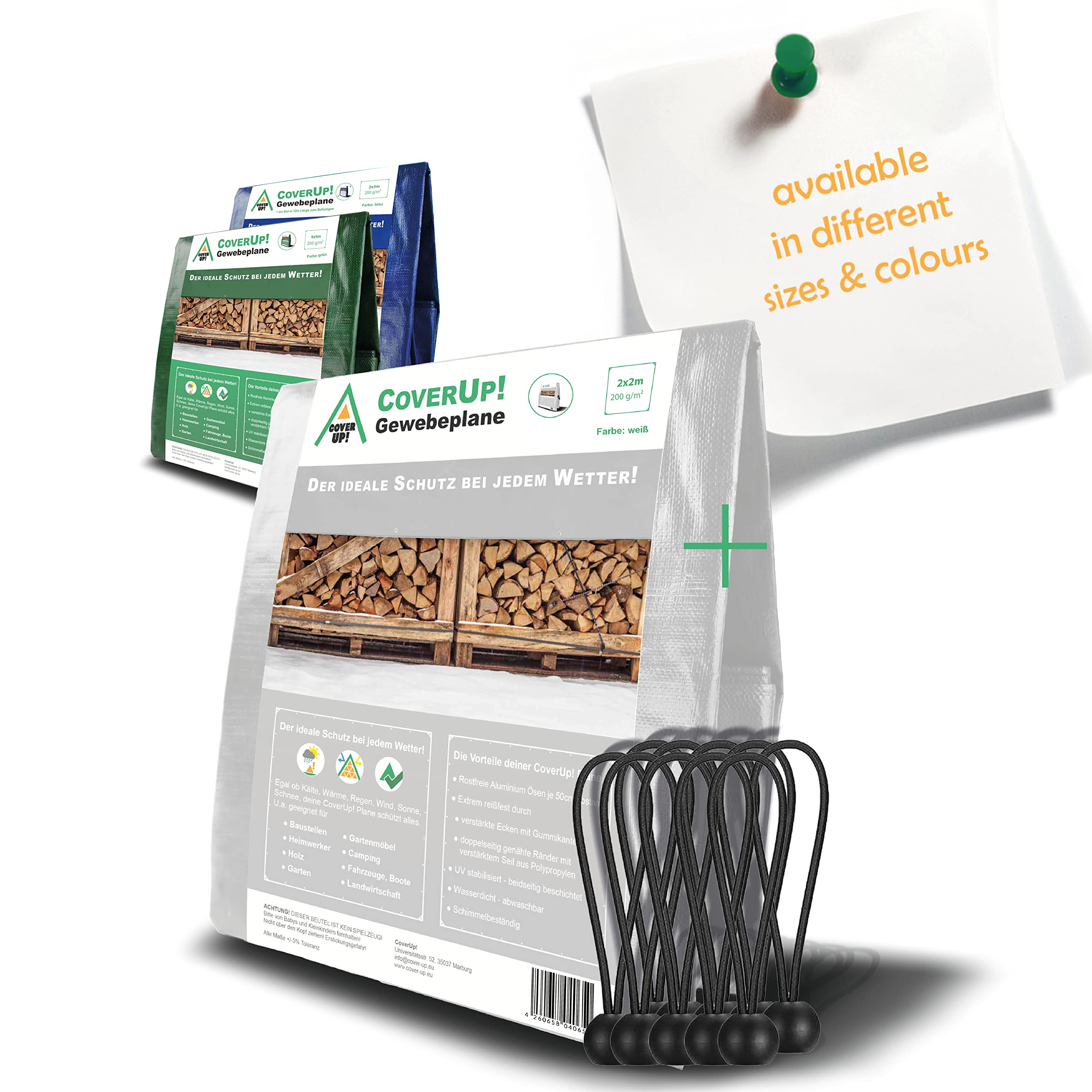 CoverUp! (2 x 2 m) Fabric Tarpaulin – Colour: White, 200 g/m² – Resistance thanks to Reinforced Rubber Corners and Rustproof Eyelets – Tarpaulin Provides UV Protection – Tarpaulin Includes 10