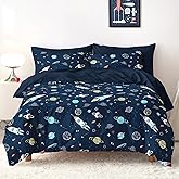 Wake In Cloud - Space Bedding Set for Boys, Galaxy Rocket Planet Star, Soft Lightweight Comforter Set with Sheets, 5 Pieces Kids Bed in a Bag, Navy Blue, Twin Size