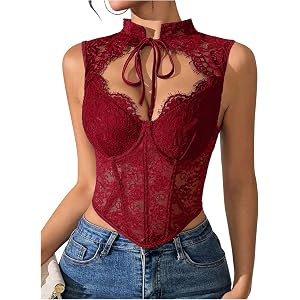 OYOANGLE Women's Lace Corset Tops Cut Out Bustier Floral Mesh Coquette Top | Floral, Lace Corset Top, Mesh, Bustier Corset Ta