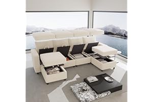 VINGLI 108" Beige Modular Sectional Sofa with Storage and USB Chargers, U-Shaped Sectional Sofa with 4 Seats 2 Ottomans, 6 Pieces Modern Couch Sleeper Convertible Couch Bed for Living Room