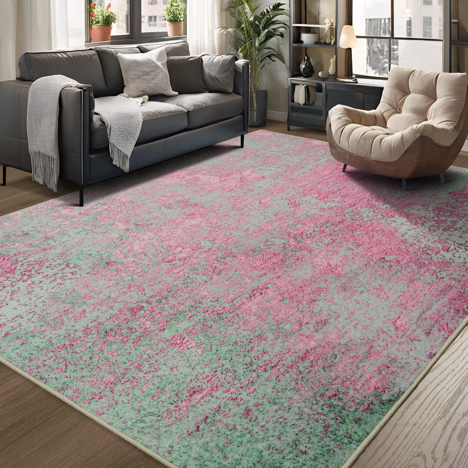 Photo 1 of Merelax 4x6 Washable Area Rug for Living Room, Pink Green Boho Abstract Bedroom Area Rugs, Non Slip Entryway Rug, Low Pile Carpet for Kitchen Dining Room Study Office Kids Room