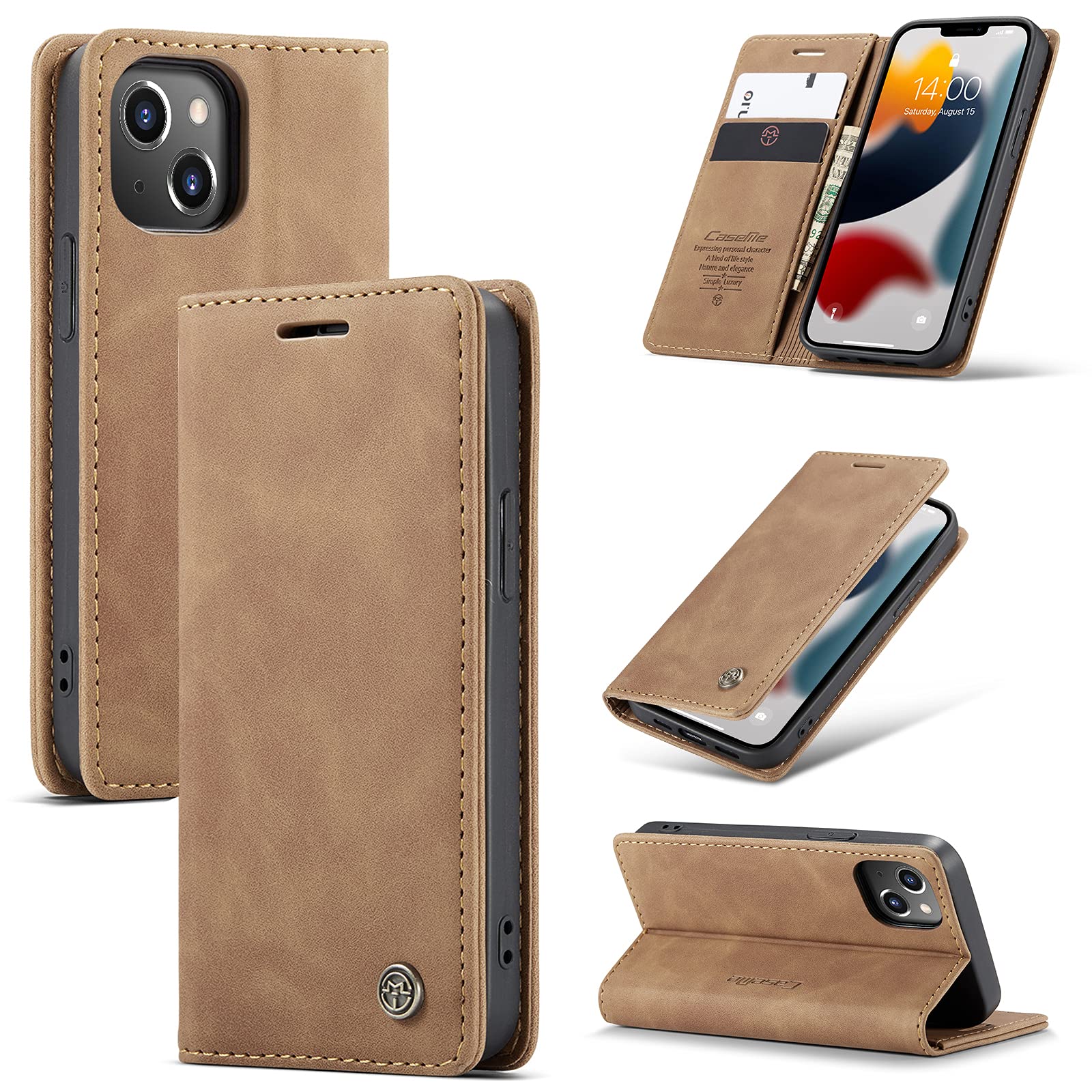 UFinetech Case for iPhone 13 Mini, Shockproof Anti-scratch Cover Compatible with iPhone 13 Mini 5.4”, Leather TPU Slim Soft Flip Magnetic Closure Kickstand Card Holder Wallet Camera Protector, Brown