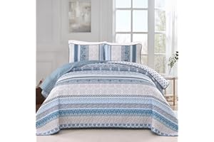 WONGS BEDDING Boho Quilt Set Queen Size,Blue Bohemian 3 Pieces Quilt Sets, Lightweight Bedspread Coverlet Bedding Set for All Season (96"x90")