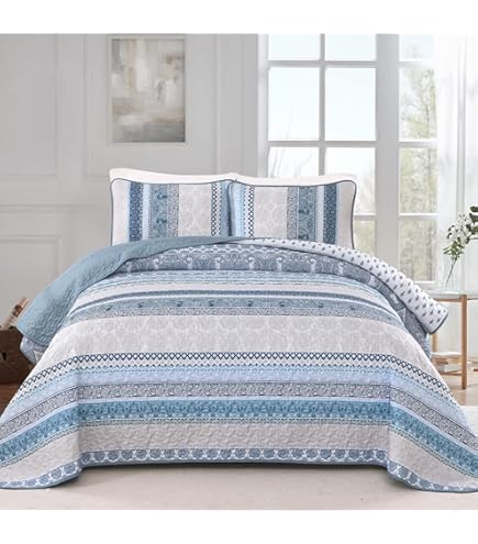 Kids Zone Home Linen 3st King/Cal King Gewatteerde Bedsprei Set Bloemen Beddengoed Turquoise Marineblauw Wit Salie Groen