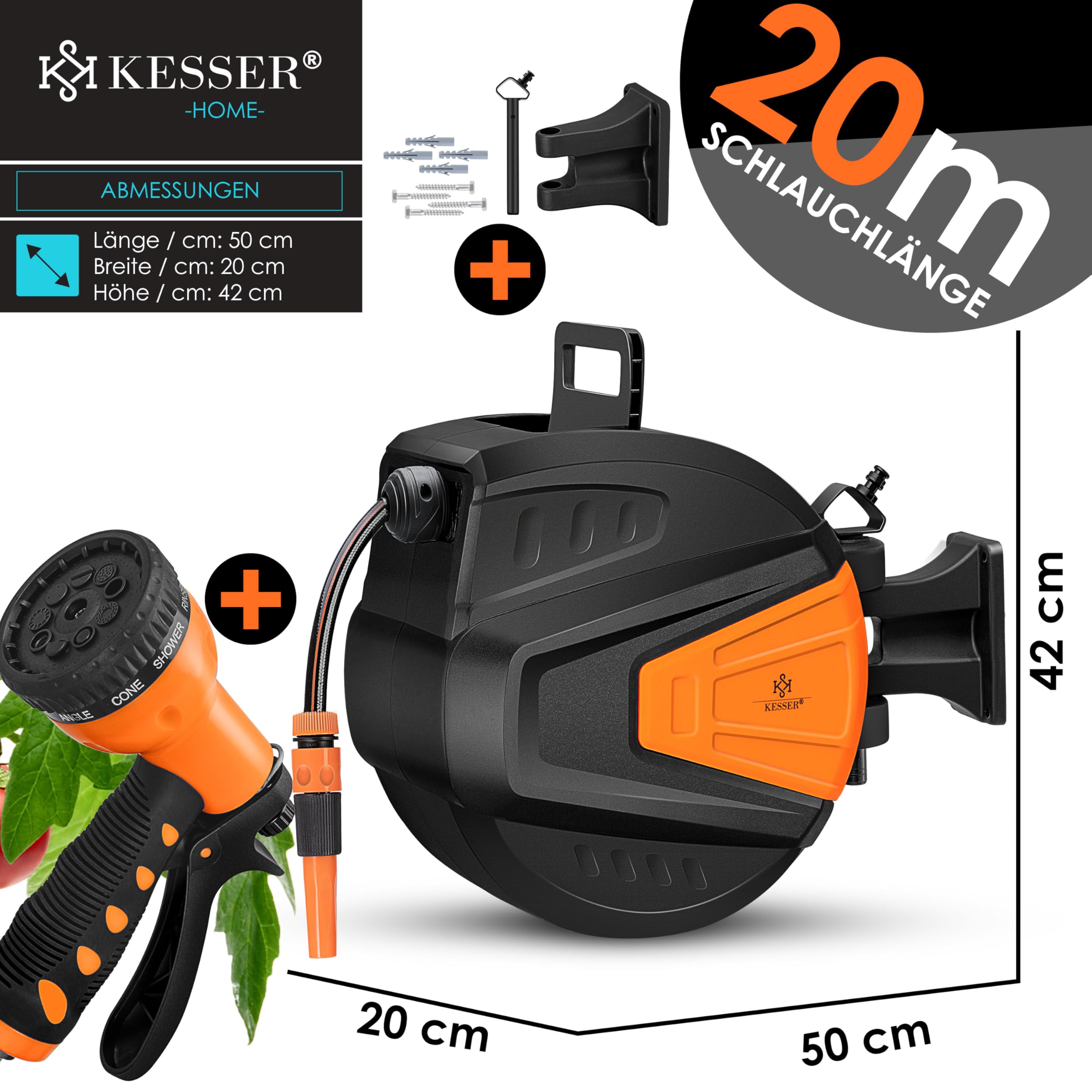 KESSER® automatische Schlauchtrommel 20 m + 2 m, Wand Schlauchbox mit Aufrollautomatik, Schlauchaufroller mit Gartenschlauch, 180° schwenkbar + Multi Handbrause mit 9 Modi, inkl. 2 Aufsätze, Orange 7