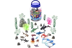 WONDERY KIDS Wow in The World Ocean Creatures Bucket | Sharks' Eyes Glow | Kids Learning Through Play | Includes 25+ Pieces: 11 Ocean Animals, Plants, Rocks and 3 Fun Fact Cards | Ages 3+