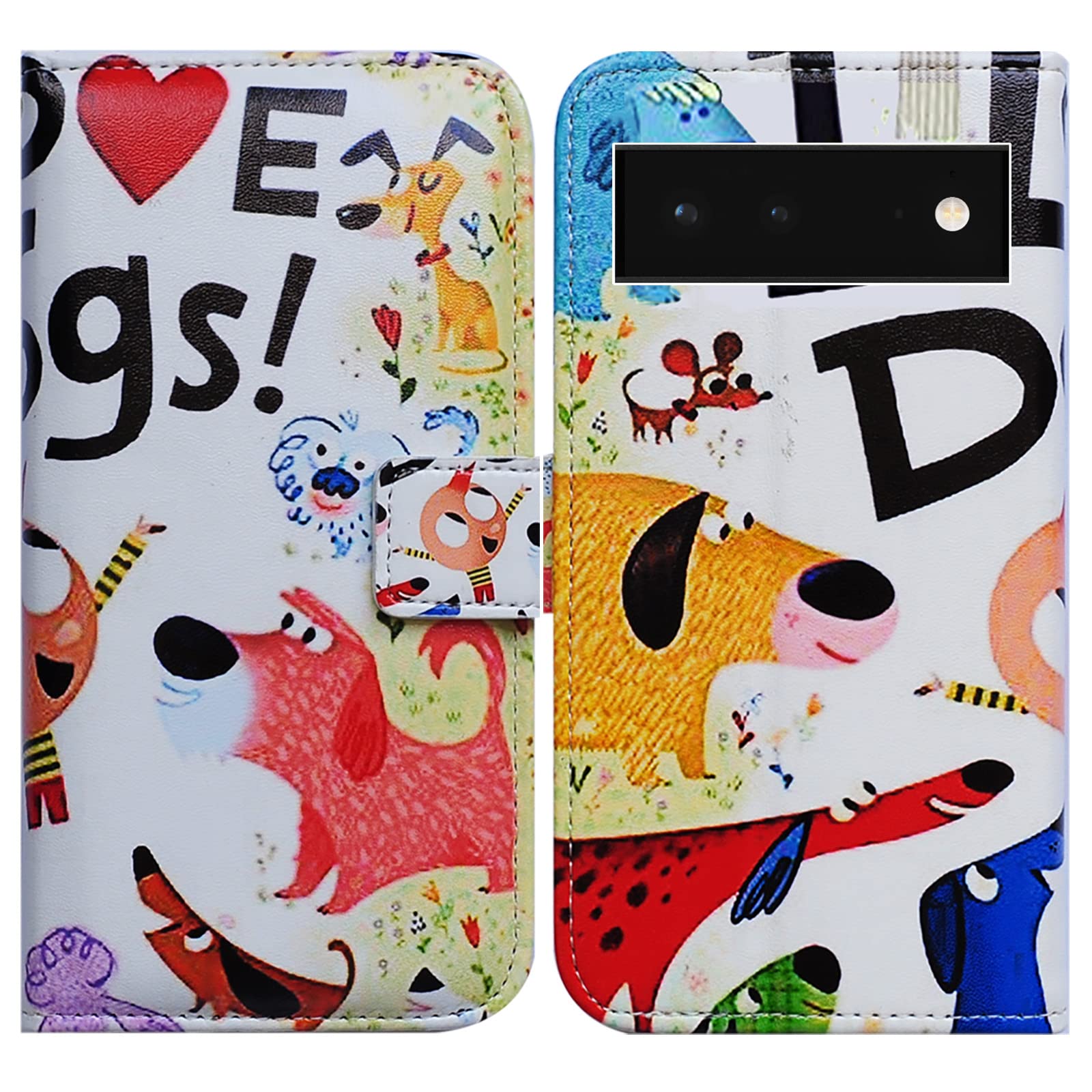 Bcov Google Pixel 6 Case, Colorful Cute Dogs Leather Flip Phone Case Wallet Cover with Card Slot Holder Kickstand For Google Pixel 6