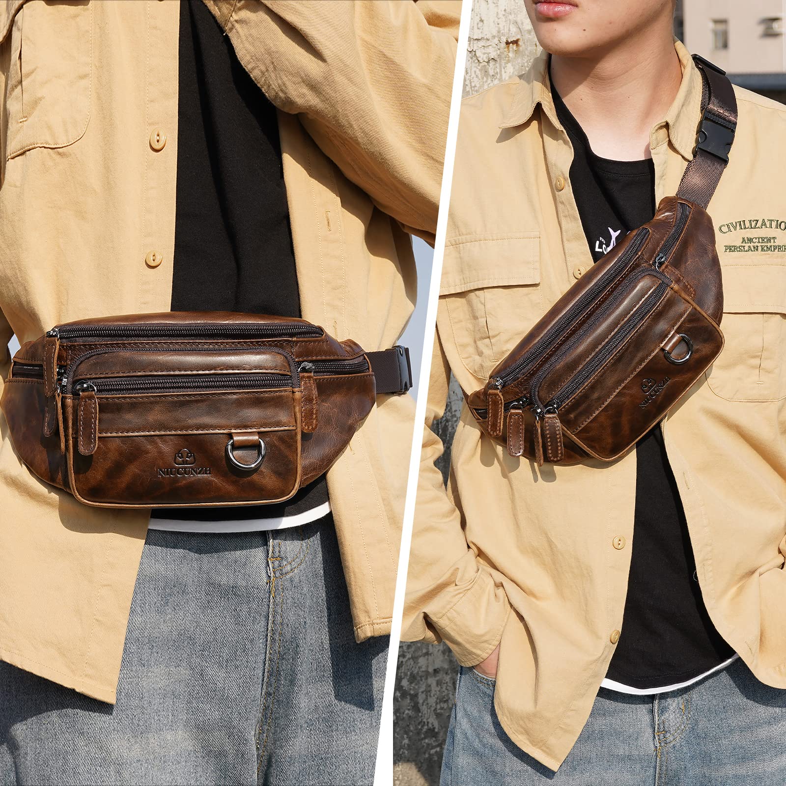 Genuine Leather Fanny Pack HandMade Durable cowhide Waist Bag Lots of Anti-theft zipper pocket Waxed Brown