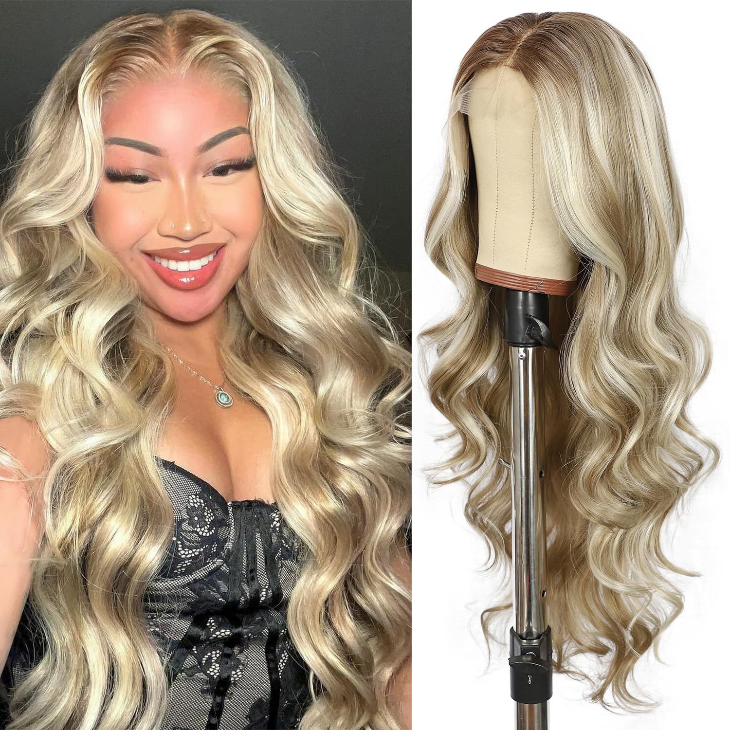 SOMIARIK Blonde Lace Front Wig, 13x4 Long Wavy Synthetic Lace Front Wigs for Women Middle Part Pre Plucked Hairline Heat Resistant Wig for Daily Party Wigs Natural Looking 26 inch