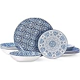 Bestone Porcelain Dinnerware Sets Service for 4, 12 pcs Hand drawn Plates and Bowls Sets, Handmade Ceramic Dish Set, Chip Resistant Modern Plate Set, Dishwasher/Microwave Safe,Vintage Blue