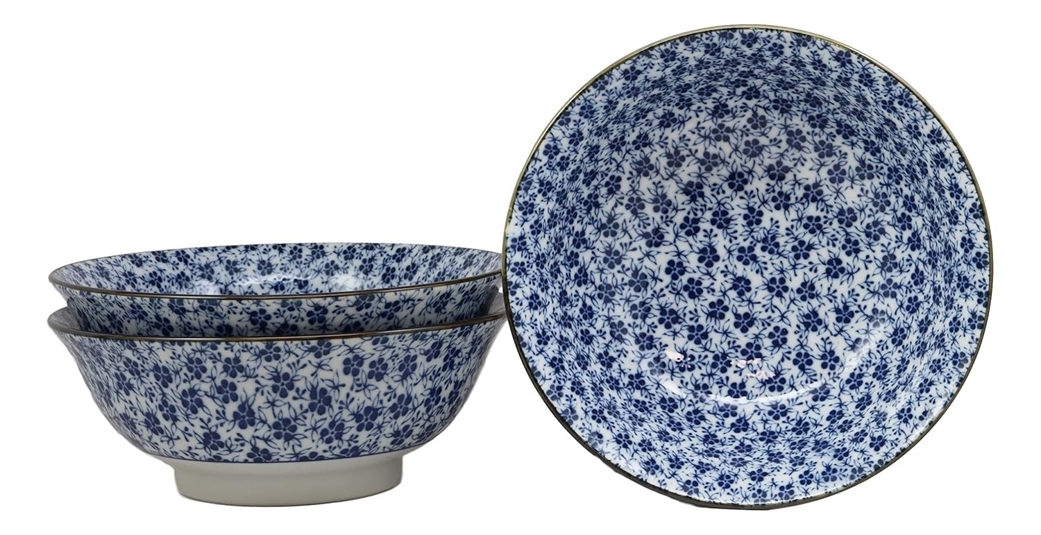 Ebros Gift Blue And White Ming Style Floral Petals Ceramic Bowls Pack Of 3 Ramen Pho Soup Bowl Set 32oz 8"Diameter Made In Japan Asian Cuisine Dining Restaurant Supply Grade Microwave Dishwasher Safe