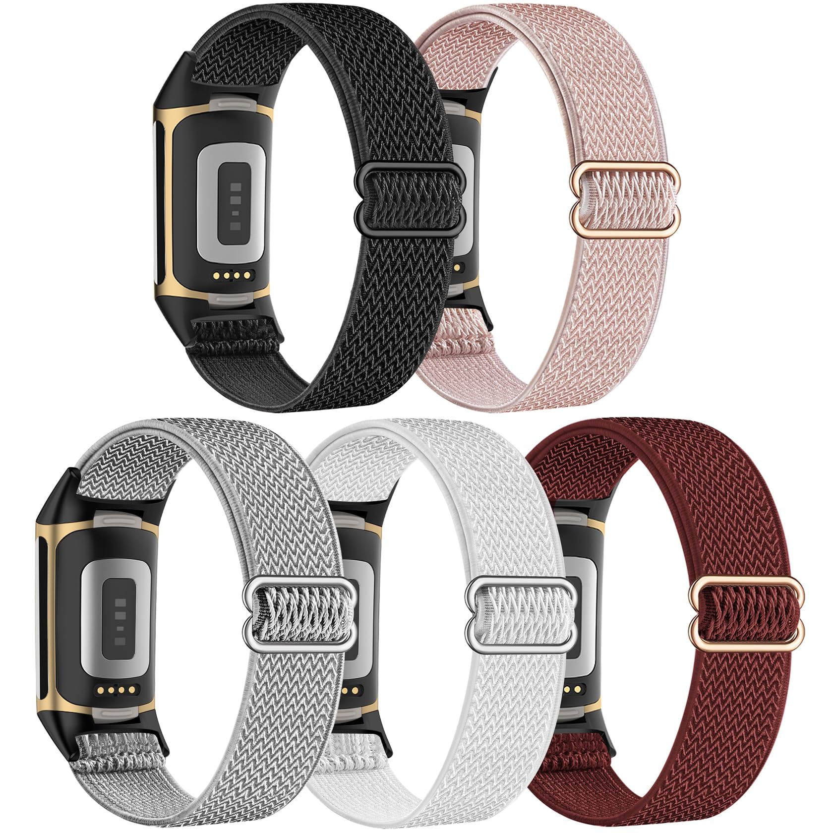 Folavii 5 Pack Stretchy Nylon Compatible with Fitbit Charge 6 Bands/Fitbit Charge 5 Bands for Women Men, Elastic Adjustable Straps Sport Replacement Wristbands for Fitbit Charge 5/6 Watch