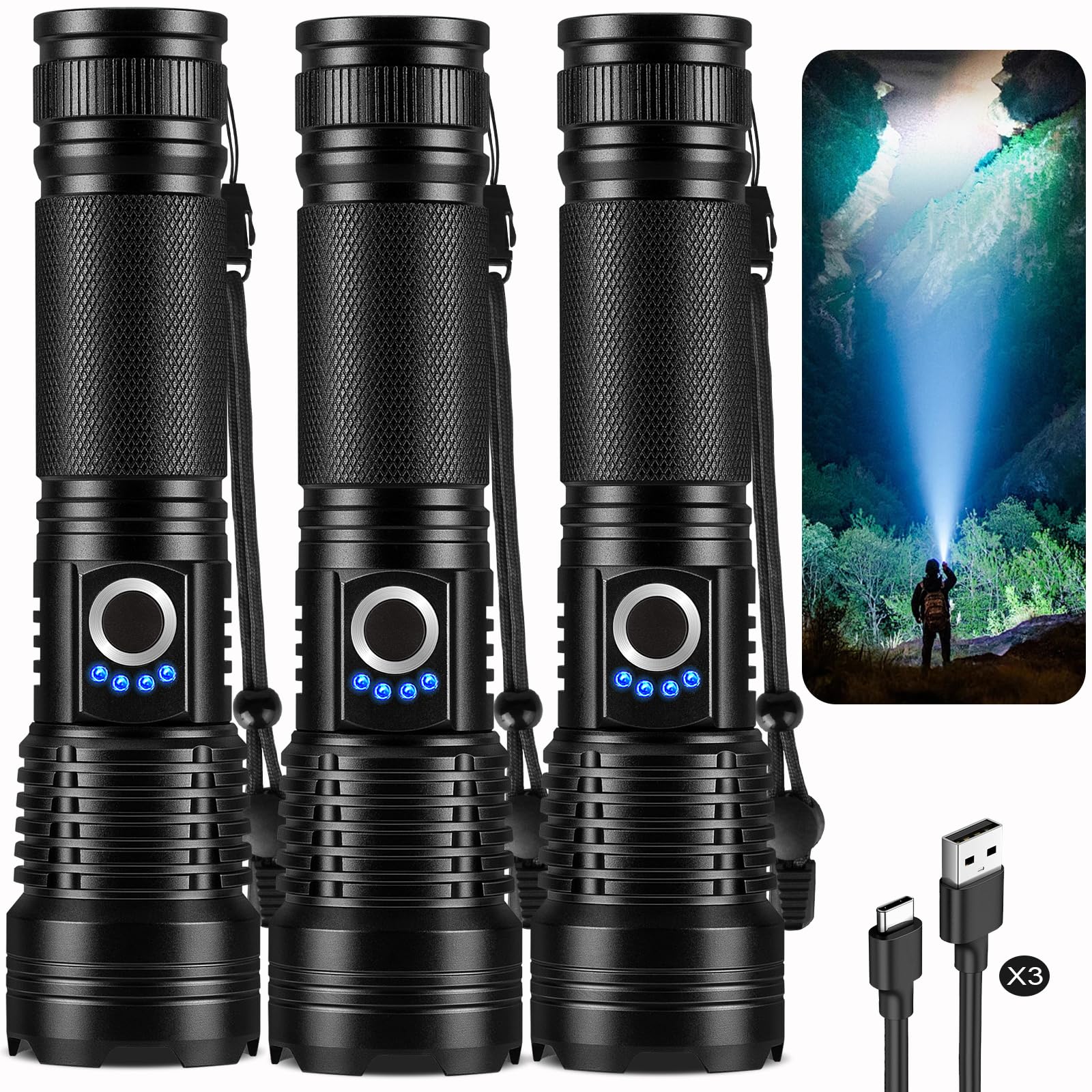 Photo 1 of 18FTRabbit Rechargeable Flashlights High Lumens 3 Packs, 99,000 Lumens Super Bright LED Flash Light with 5 Modes Adjustable LED Flashlight, High Powered Flashlight for Home Camping Outdoor