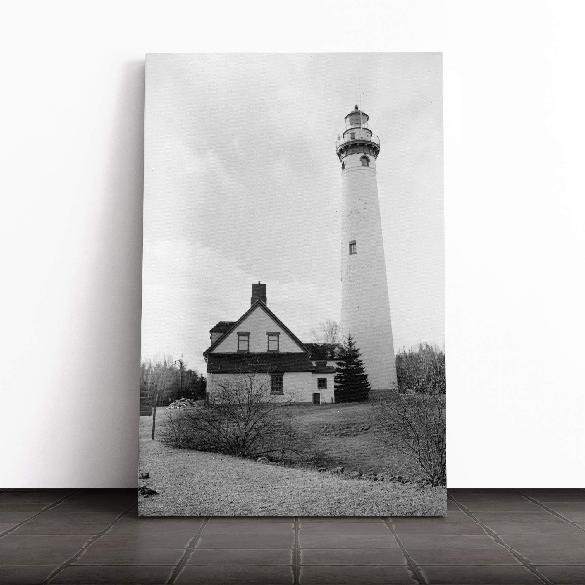 Architecture Lighthouse Presque Isle Light Station MI Canvas Print | Gallery Wrapped 30mm Frame Wall Art | 20x14 inches | Ready to Hang | Modern Seascape Picture | Living Room Bedroom Lounge Office