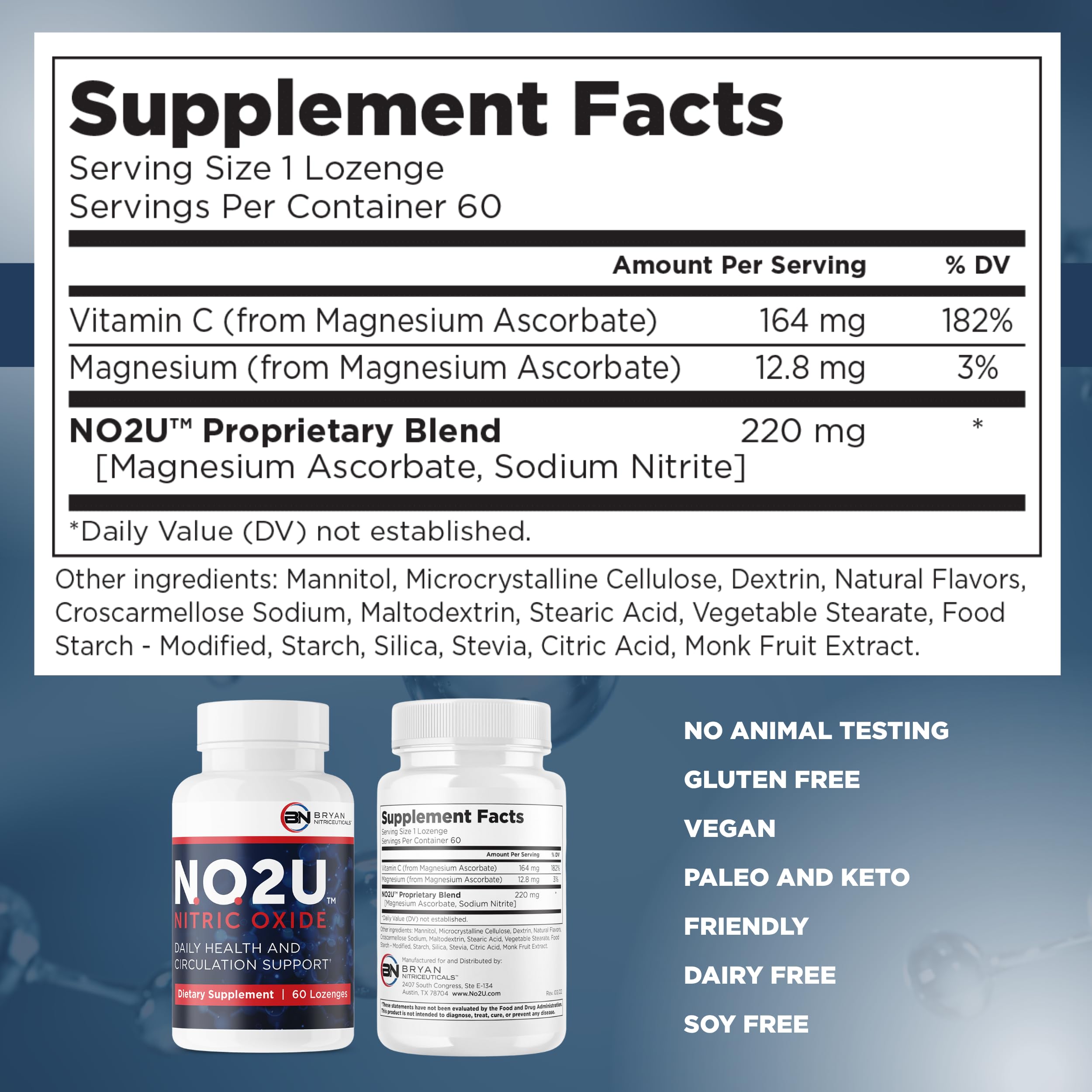 NO2U Bryan NITRICEUTICALS - Natural Nitric Oxide Supplements for Men & Women - Promotes Blood Circulation, Oxygen & Nutrient Delivery, Daily Wellness Support - No Gluten or Dairy - 60 Vegan Lozenges