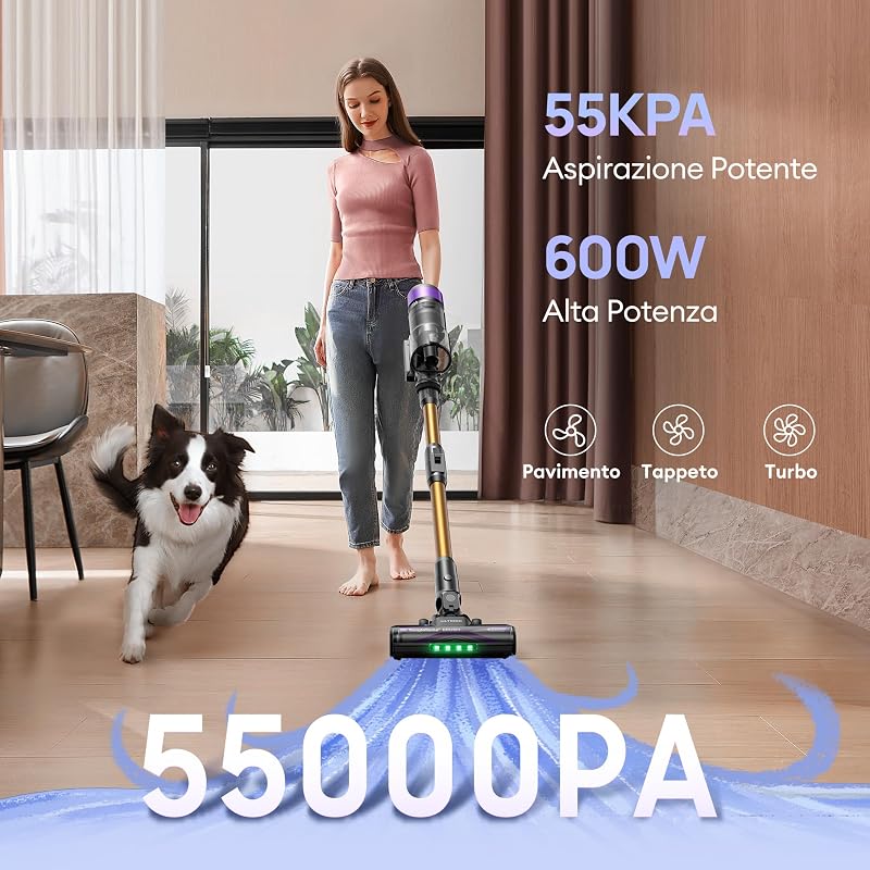 Aspirapolvere Senza Fili 55Kpa/60Min, Scopa Elettrica Senza Fili Potente con Tubo Pieghevole, Upgrade Spazzola Anti-Groviglio, Aspirapolvere Autoportante per Tappeti Pavimenti Peli Animali