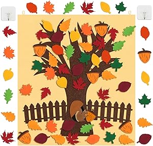 Comken Fall Tree of Thanks Craft Kit - DIY Felt Fall Tree Board with Fence and 40 PCS Detachable Autumn Leaf Pine Cones Squirrel Ornaments for Kids Gifts Classroom Craft Thanksgiving Activity