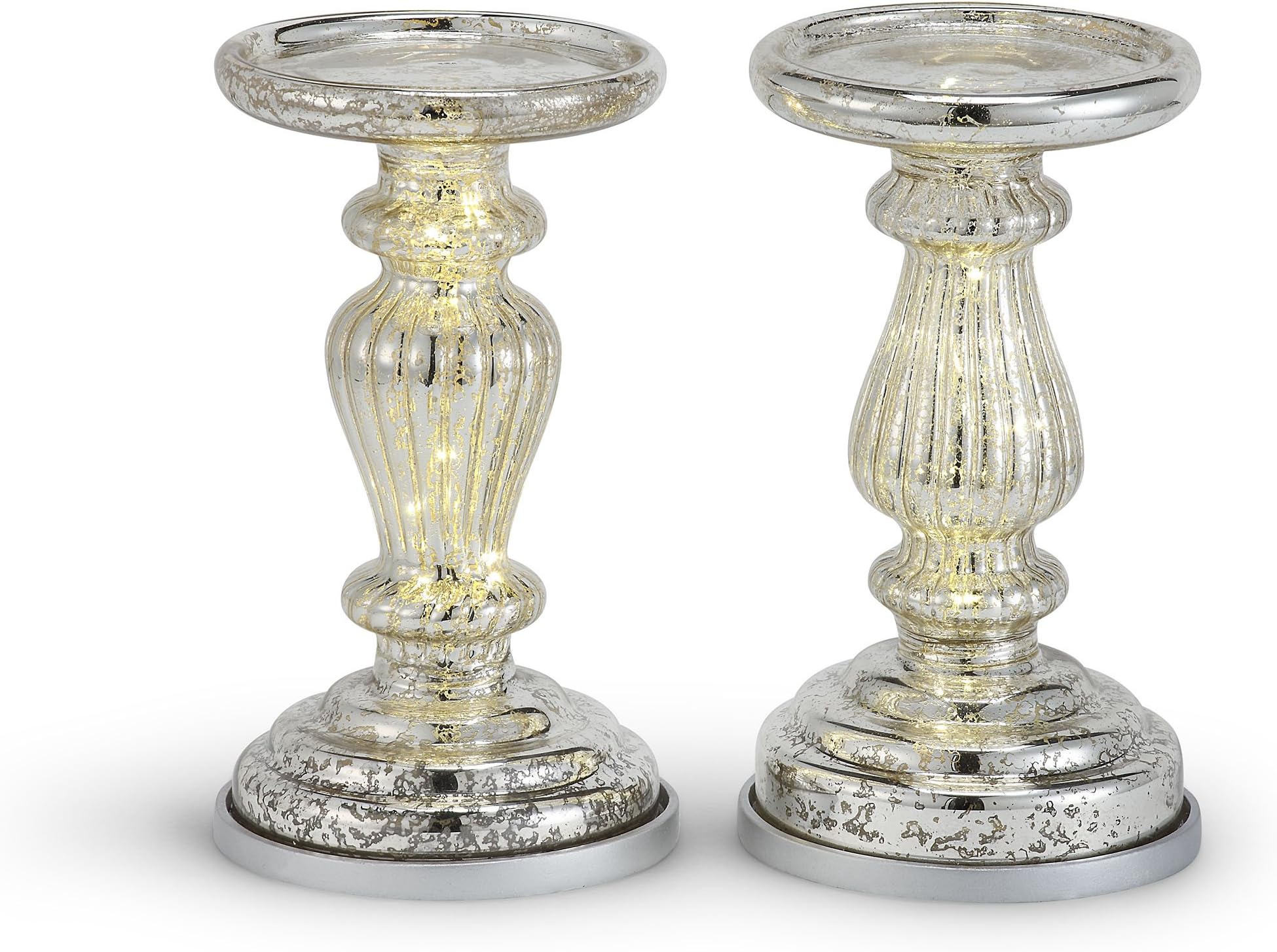 XY Decor Mercury Glass Table Decor Accents, Set of 2 8.5" Lit Pillar Candle Holder with Timer for Home and Church Decoration - Silver