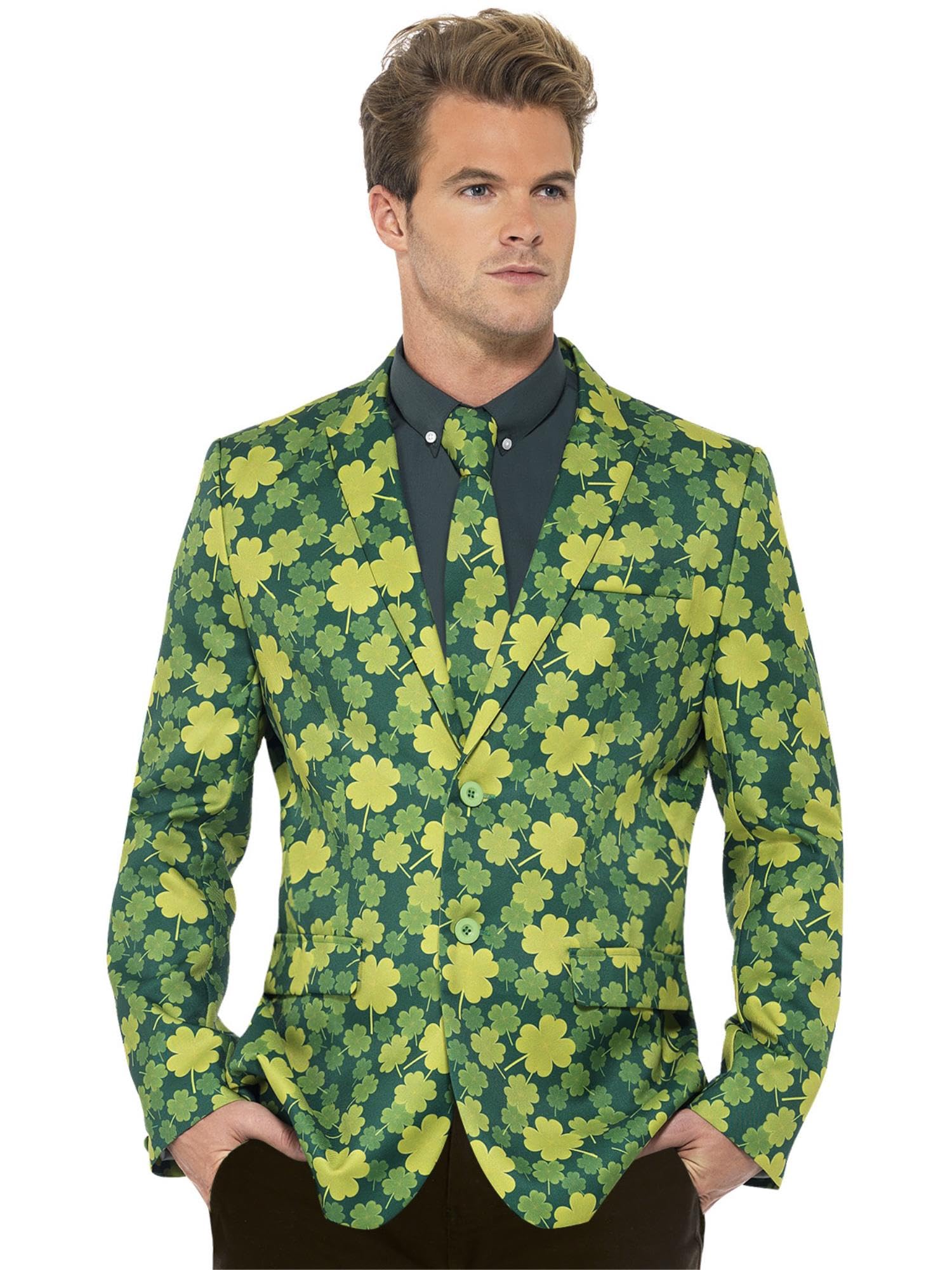 Smiffys Adult Shamrock Blazer Jacket, Green Tailored Jacket with Lucky Clover Print, St Patrick’s Day Fancy Dress Outfit for Irish Themed Parties and Celebrations, XXLarge