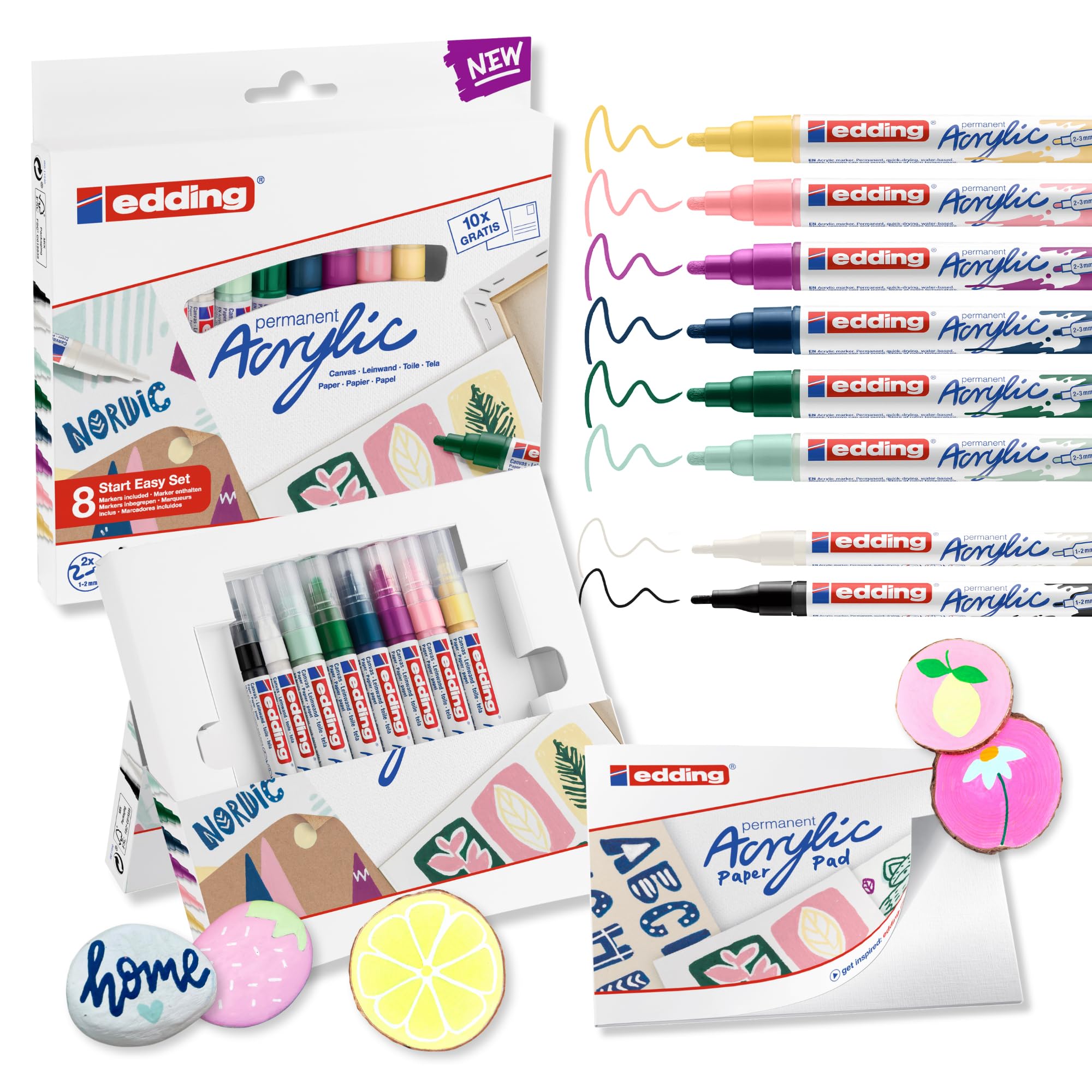 edding Start Easy Set - acrylic paint pens, waterproof; fine and medium nib, incl. postcard pad - set of 8 acrylic pens (nordic) - acrylic pens for canvas or wood - acrylic markers for rock painting