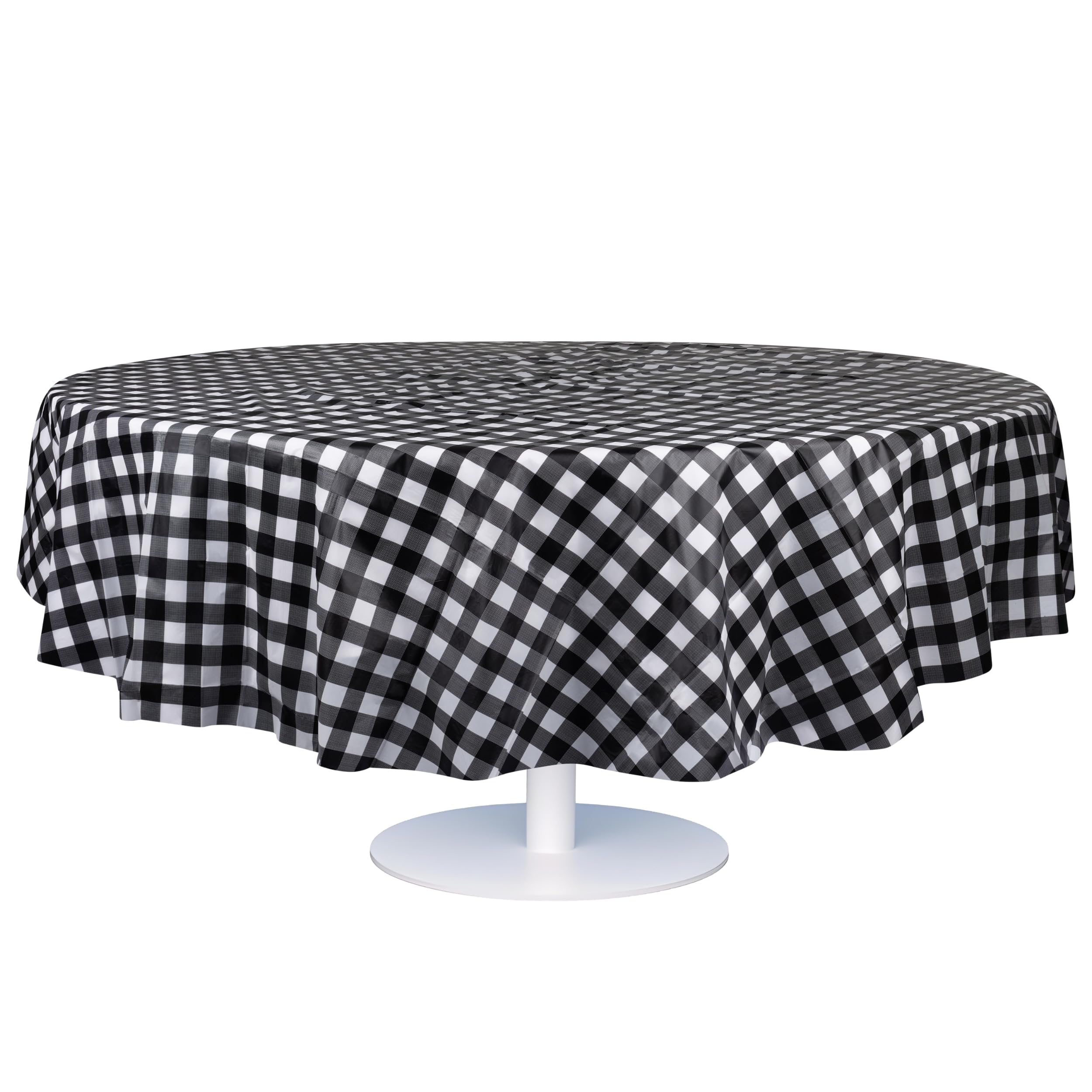 Black Checkered Gingham 6 Pack Premium Disposable Plastic Tablecloth 84" Inch Round Checkered Racing Flag Table Cover By Grandipity