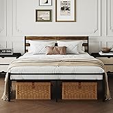 ZZBINUS Metal Platform Queen Bed Frame with Headboard, Queen Size Bed Frame 59.8W x 82.7L x 36.2H inches, Wood and Faux Leather, Walnut (Walnut Colour, Queen)