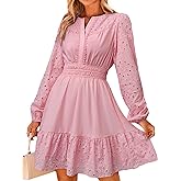 Simplee Womens Eyelet Long Sleeve Mini Dress 2025 Fall Boho Embroidery V Neck A Line Casual Short Party Dresses