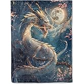 ainori Dragon Flannel Blanket - Moonlit and Cherry Blossom Throw,Playful Gifts for Adult & Fantasy Lovers, Ultra Soft & Warm,Lightweight, for Couch Bedroom Living Room Modern Decor 50x60in