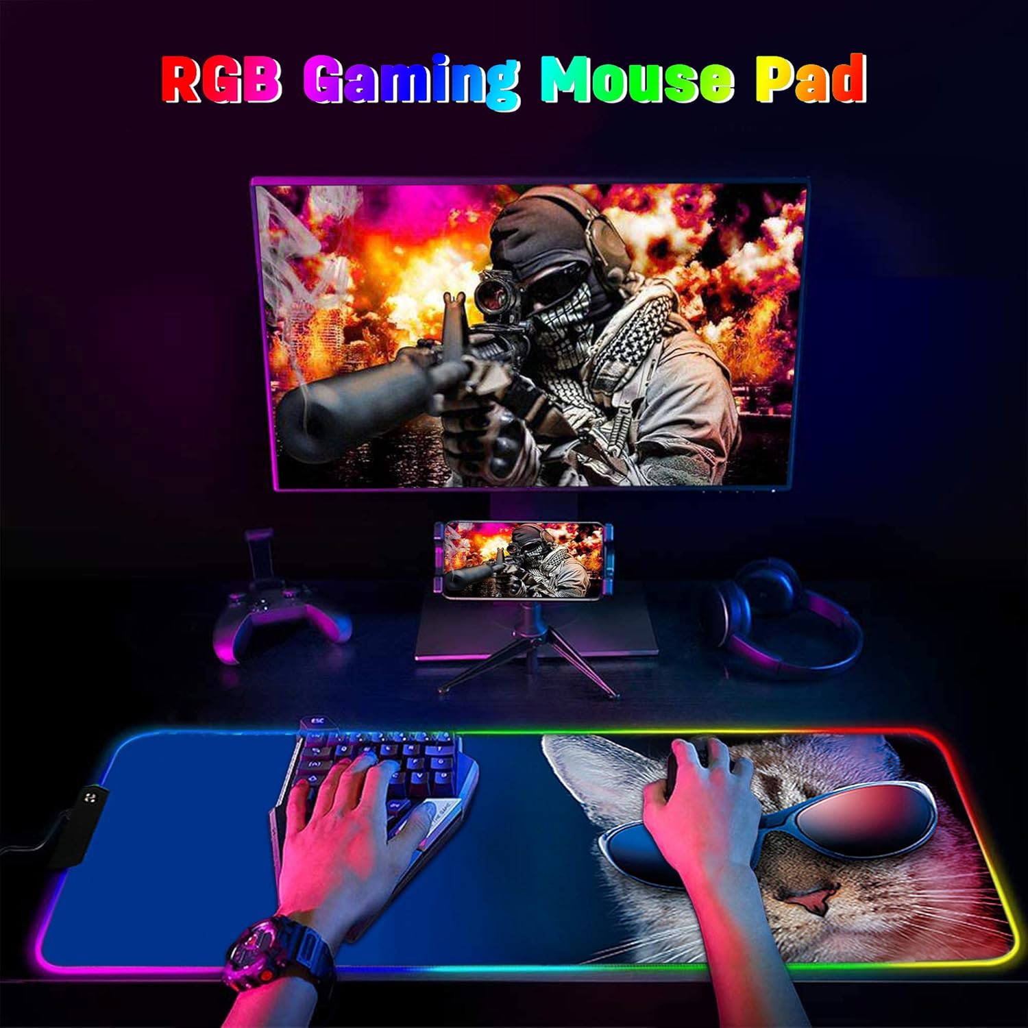 DORRISO RGB Gaming Mouse Pads Large XL 800x300x3 mm Led Mousepad Anti-slip Rubber Base Computer Keyboard Mice Mat for PC Laptop Desk Gaming Mouse Mats Cat - Image 3