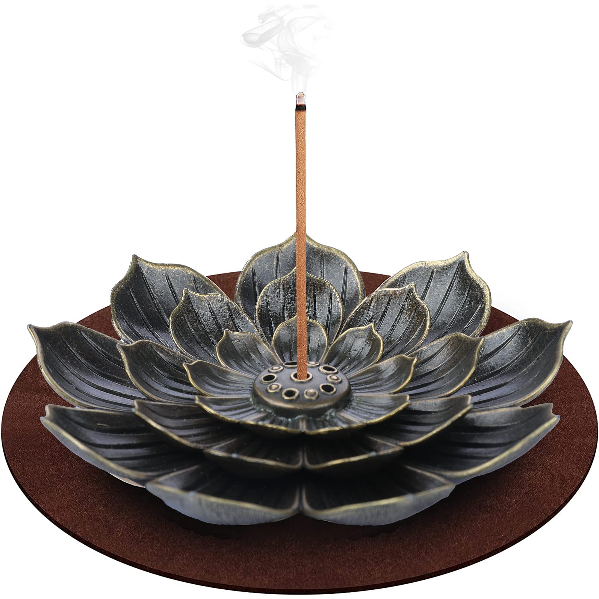 DK177 Brass Incense Holder, Lotus Incense Burner,Incense Stick Holders,Incense Holders for Sticks,Incens Burner Holder with Detachable Ash Catcher and Mat,for Home Office Yoga Meditation