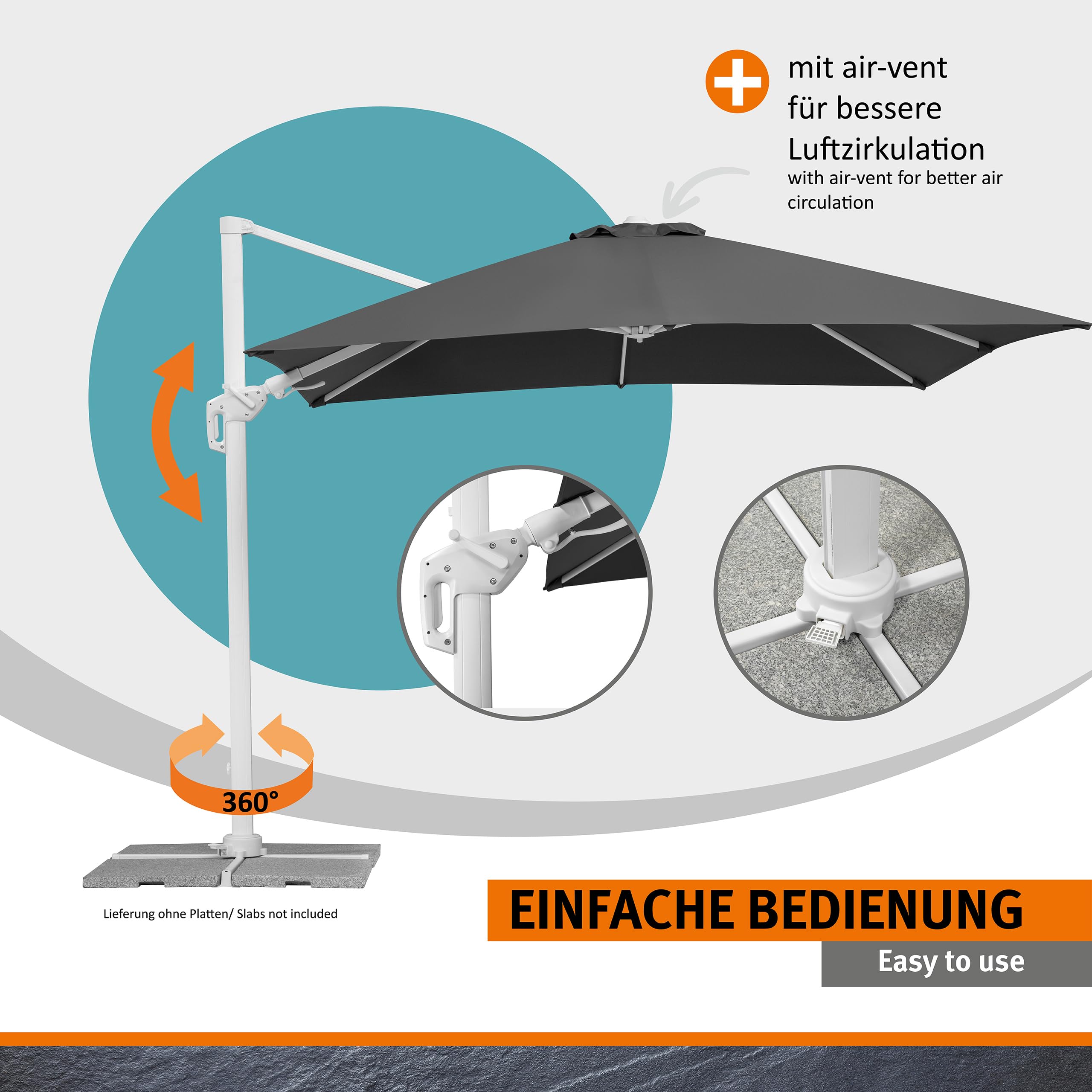 Schneider Sonnenschirm Rhodos Twist Bianco, anthrazit, 300 x 300 cm quadratisch, 731-15, Gestell Alu/Stahl, Bespannung Polyester, 25.7 kg 5