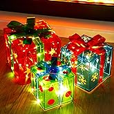 ATDAWN Set of 3 Outdoor Lighted Holiday Displays, Snowflake Star Pre-lit Present Boxes, Christmas Home Decorations