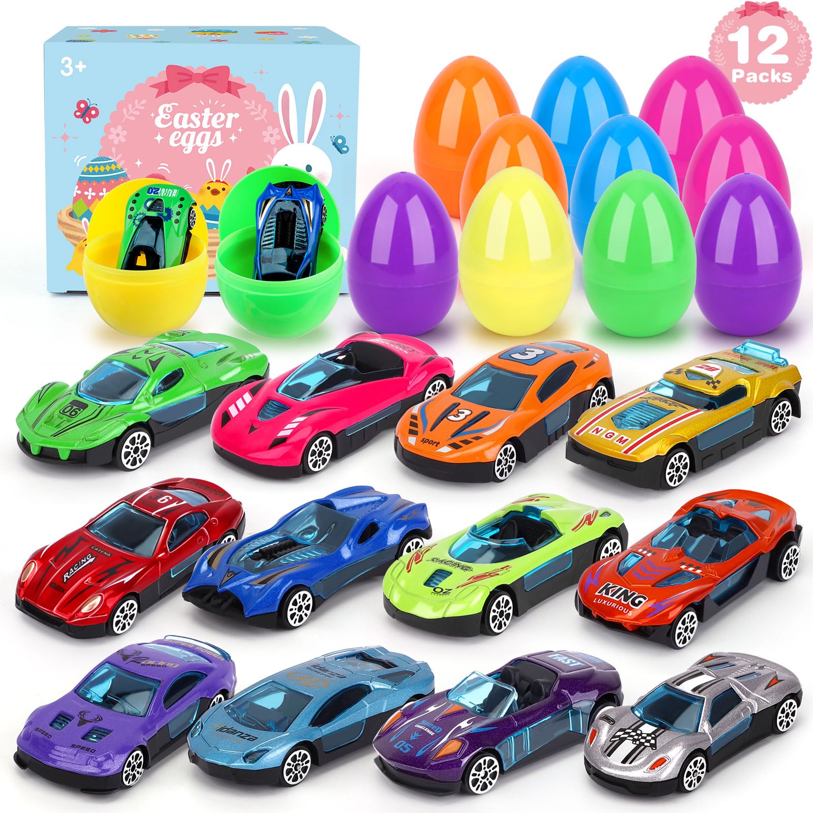 Easter Gifts for Kids 12 Pcs Pre Filled Easter Eggs With Alloy Racing Car Easter Eggs For Kids 3.34 Inches Kids Easter Toys Easter Egg Hunt Kit For Easter Basket Easter Presents for Themed Party