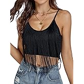 Rooscier Women's Fringe Trim Spaghetti Strap Sleeveless Ribbed Sexy Cami Crop Top Vest