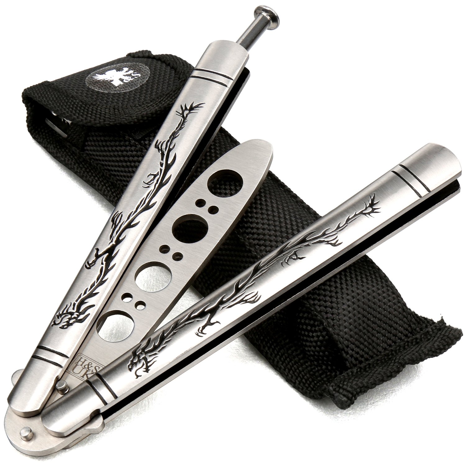 H&S Practice Butterfly Knife Trainer - Dragon Design with Blunt Blade - Balisong Trainer Knife - Only for Training - Can't Be Sharpened - Made From Stainless Steel - Not Real Blade