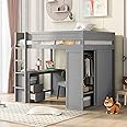 VilroCaz Modern Full Size Loft Bed with Sliding Door Wardrobe and 2-Drawer Desk, Solid Wood Loft Bed Frame with Safety Guardrail for Kids Teens Adults, Space-Saving Design (A+Gray)