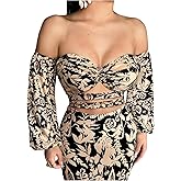 Floerns Women's Cut Out Twist Off The Shoulder Crop Tops Lantern Sleeve Night Out Blouses